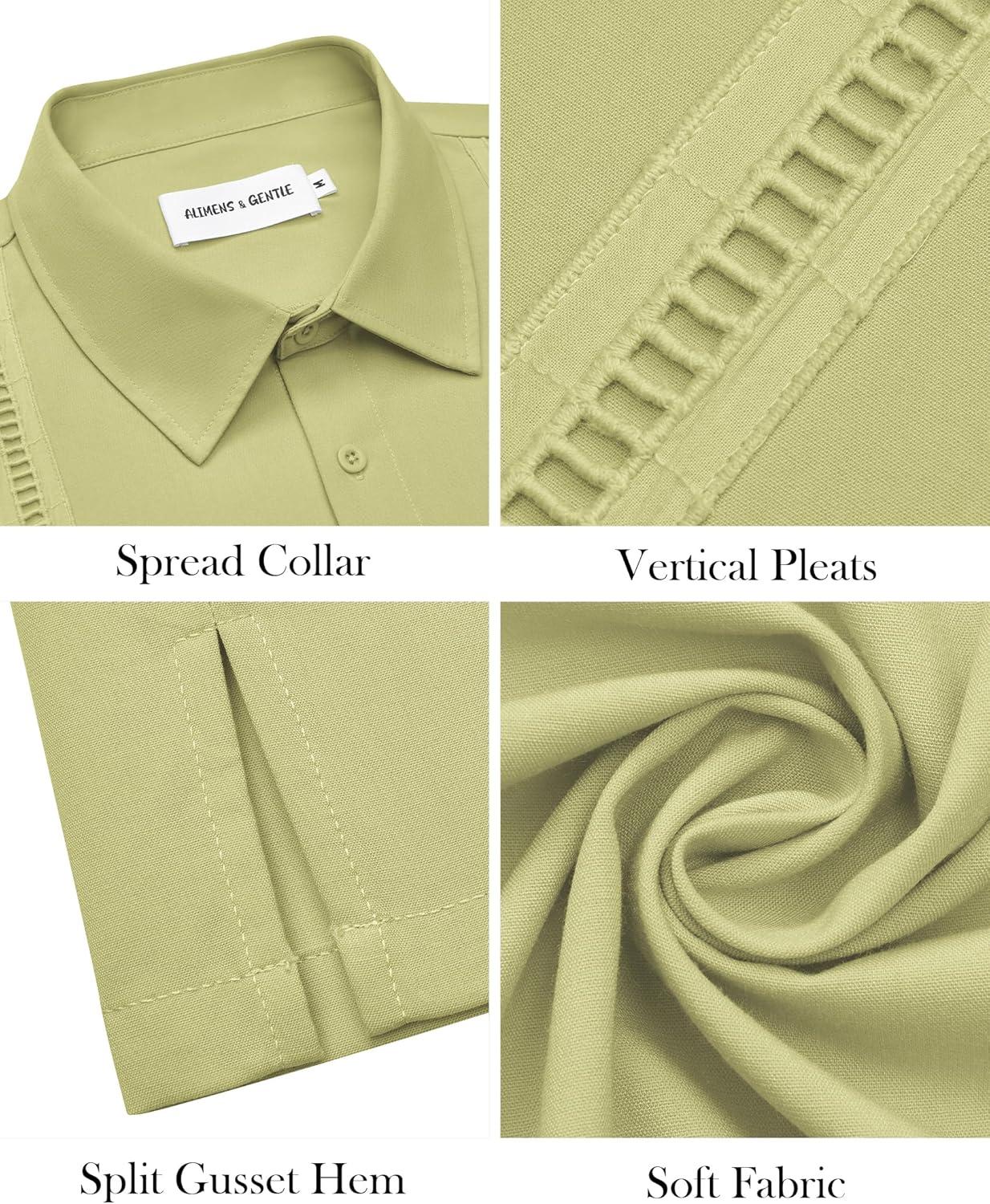 imageAlimens amp Gentle Mens Cuban Guayabera Shirt Short Sleeve Untucked Soild Button Down Shirts Beach Wedding Causal Vacation TopsYellow Green