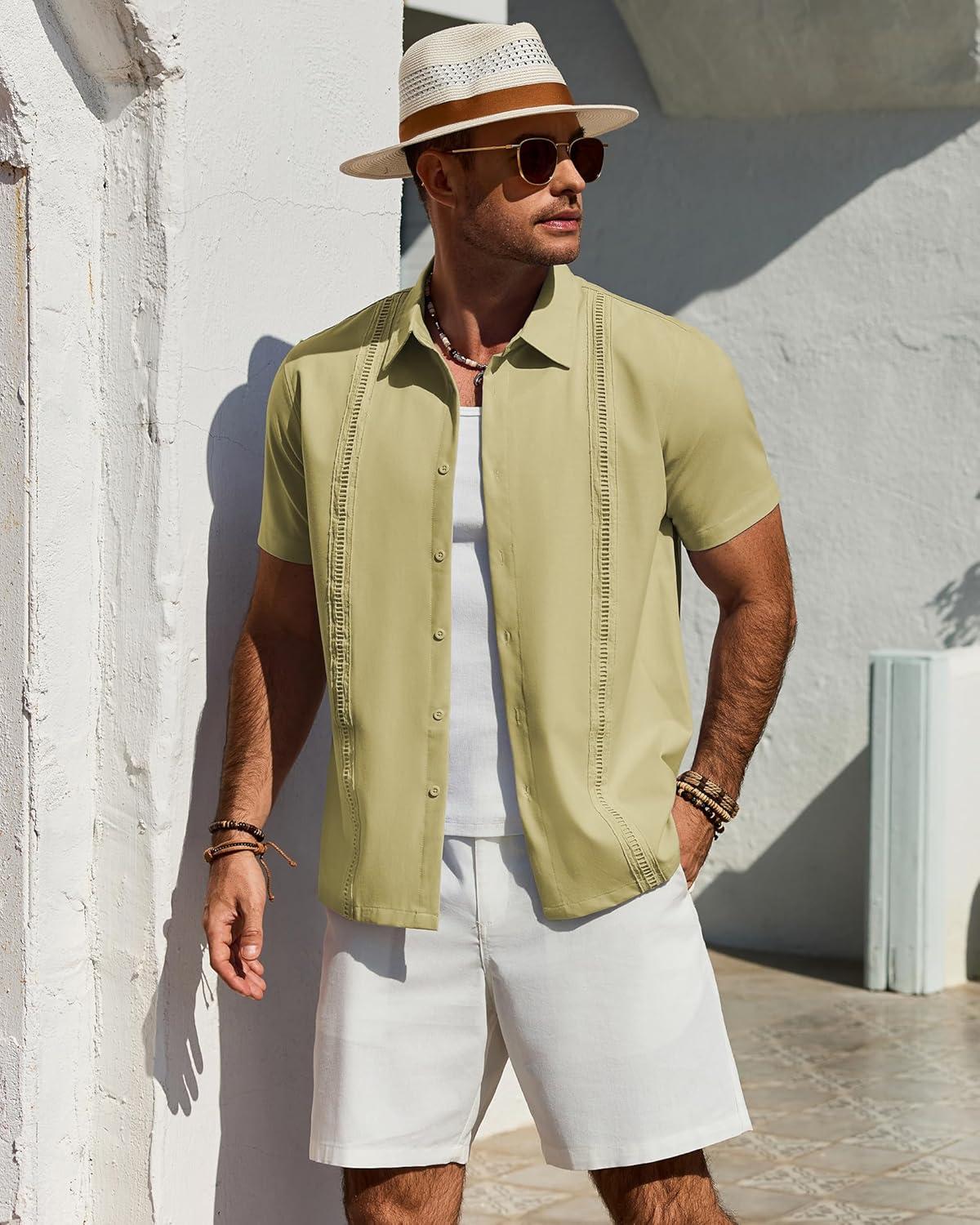 imageAlimens amp Gentle Mens Cuban Guayabera Shirt Short Sleeve Untucked Soild Button Down Shirts Beach Wedding Causal Vacation TopsYellow Green