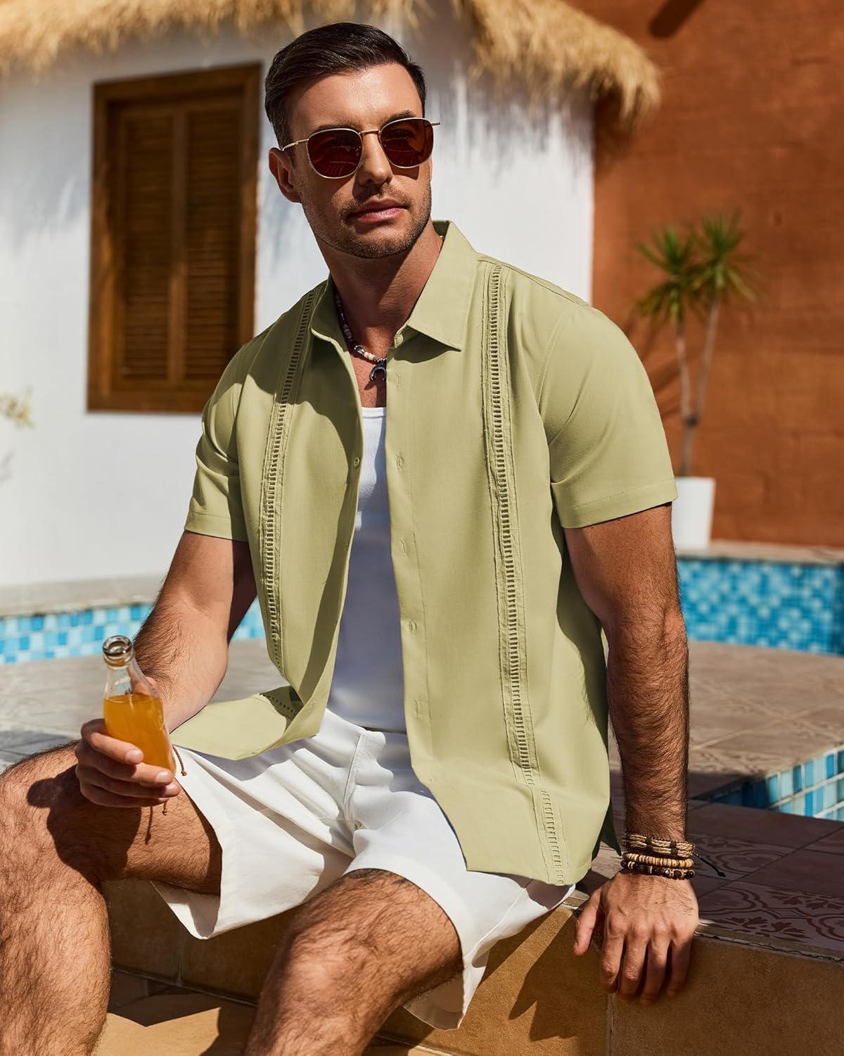imageAlimens amp Gentle Mens Cuban Guayabera Shirt Short Sleeve Untucked Soild Button Down Shirts Beach Wedding Causal Vacation TopsYellow Green