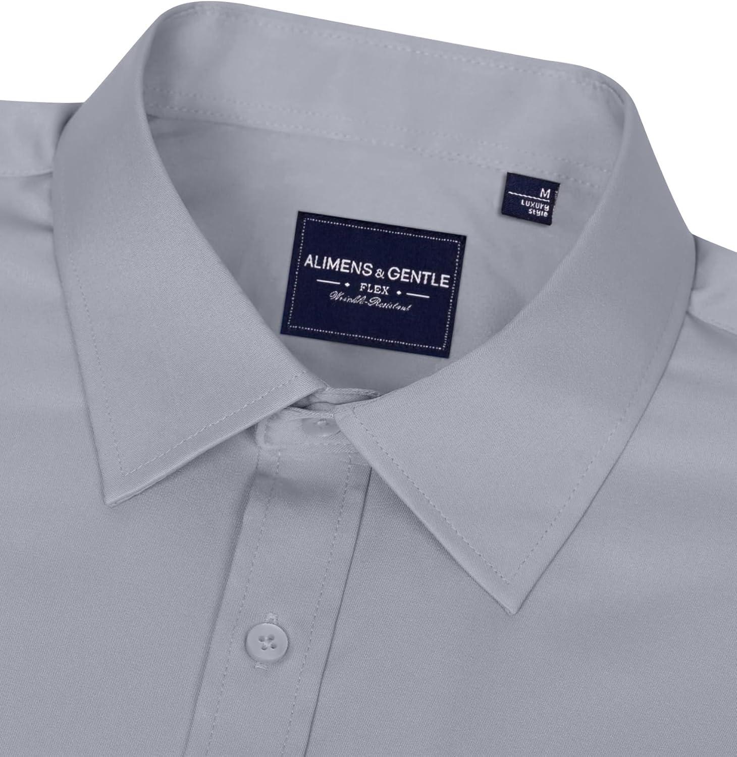 imageAlimens amp Gentle Mens Dress Shirts Long Sleeve WrinkleFree Stretch Shirts Solid Formal Button Down Shirt with PocketSilver