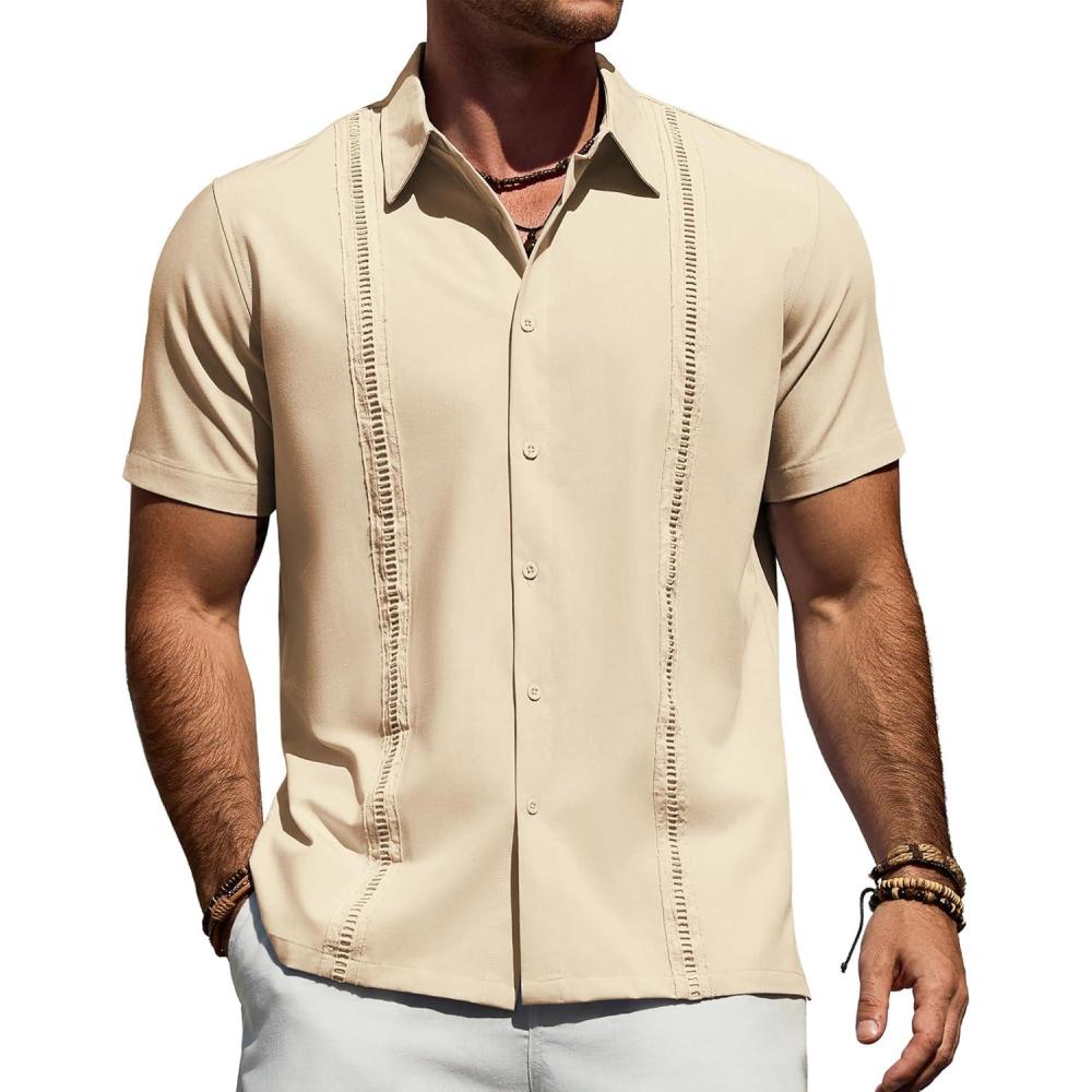 imageAlimens amp Gentle Mens Cuban Guayabera Shirt Short Sleeve Untucked Soild Button Down Shirts Beach Wedding Causal Vacation TopsBeige
