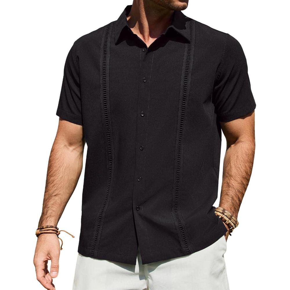 imageAlimens amp Gentle Mens Cuban Guayabera Shirt Short Sleeve Untucked Soild Button Down Shirts Beach Wedding Causal Vacation TopsBlack