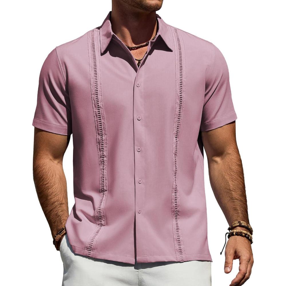 imageAlimens amp Gentle Mens Cuban Guayabera Shirt Short Sleeve Untucked Soild Button Down Shirts Beach Wedding Causal Vacation TopsCoral Pink