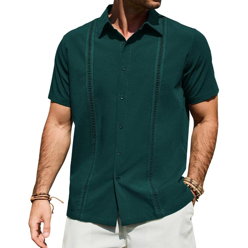 imageAlimens amp Gentle Mens Cuban Guayabera Shirt Short Sleeve Untucked Soild Button Down Shirts Beach Wedding Causal Vacation TopsDark Green