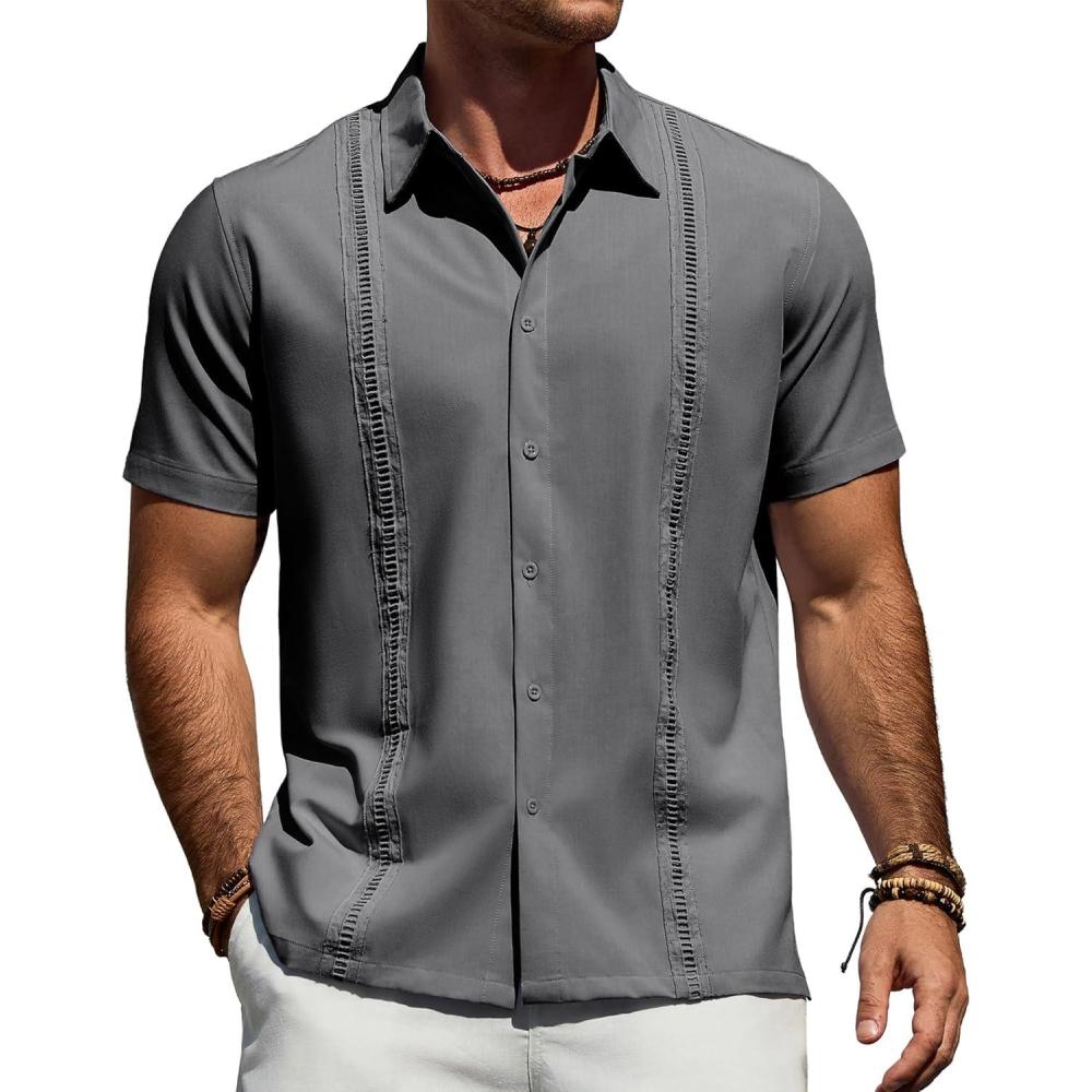 imageAlimens amp Gentle Mens Cuban Guayabera Shirt Short Sleeve Untucked Soild Button Down Shirts Beach Wedding Causal Vacation TopsDeep Grey