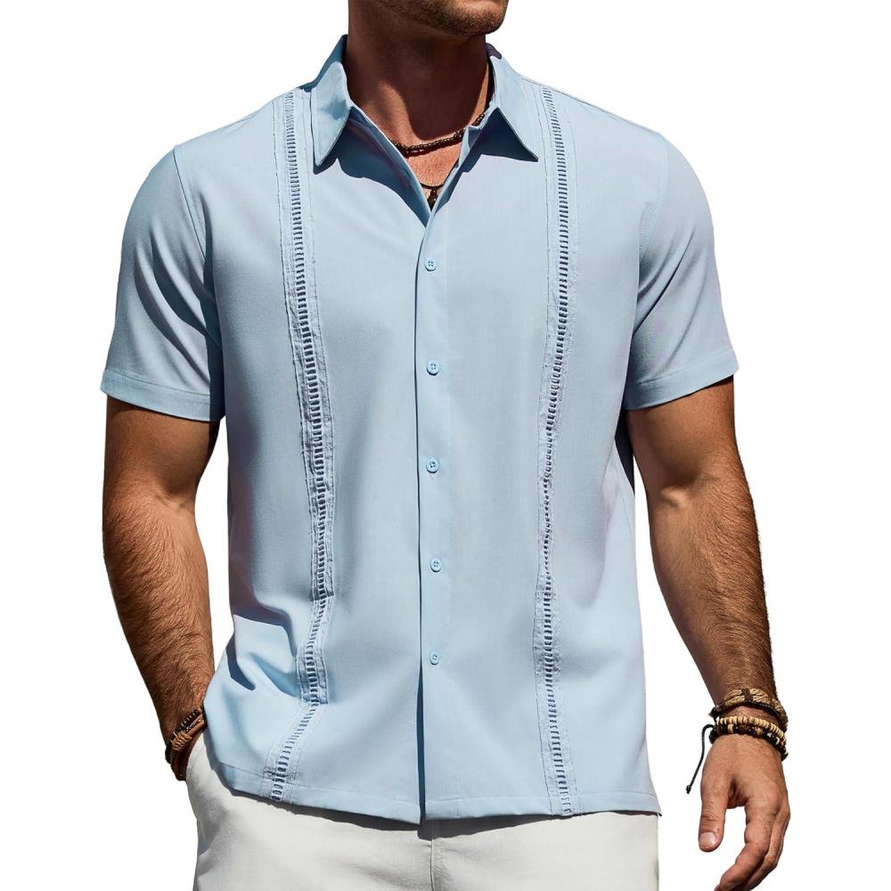 imageAlimens amp Gentle Mens Cuban Guayabera Shirt Short Sleeve Untucked Soild Button Down Shirts Beach Wedding Causal Vacation TopsLight Blue
