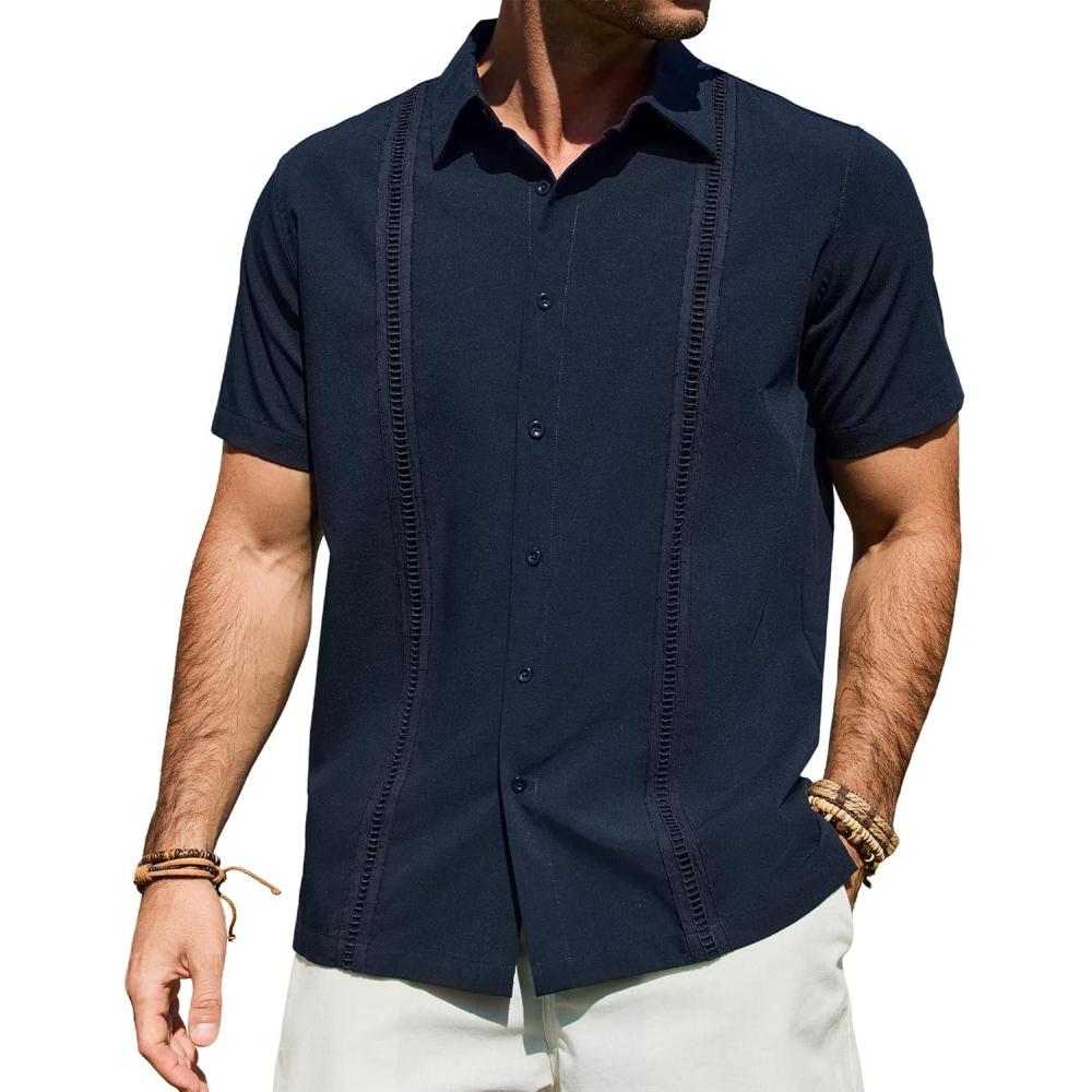 imageAlimens amp Gentle Mens Cuban Guayabera Shirt Short Sleeve Untucked Soild Button Down Shirts Beach Wedding Causal Vacation TopsNavy Blue
