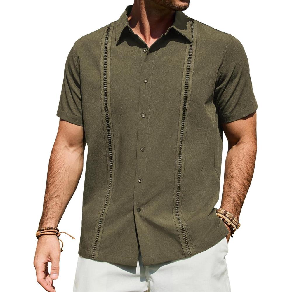 imageAlimens amp Gentle Mens Cuban Guayabera Shirt Short Sleeve Untucked Soild Button Down Shirts Beach Wedding Causal Vacation TopsOlive Green