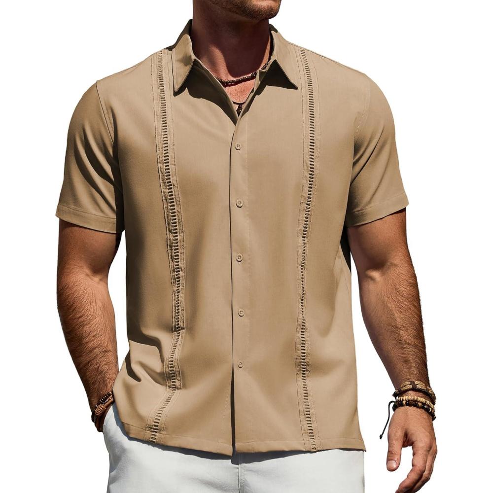 imageAlimens amp Gentle Mens Cuban Guayabera Shirt Short Sleeve Untucked Soild Button Down Shirts Beach Wedding Causal Vacation TopsTan
