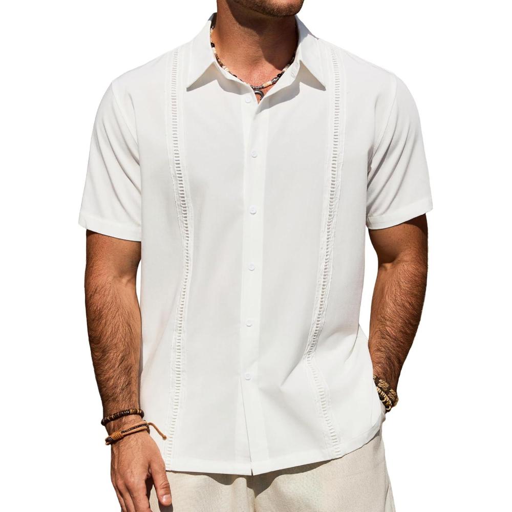 imageAlimens amp Gentle Mens Cuban Guayabera Shirt Short Sleeve Untucked Soild Button Down Shirts Beach Wedding Causal Vacation TopsWhite