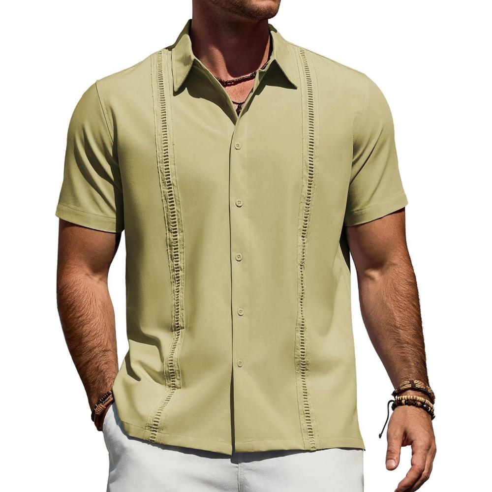 imageAlimens amp Gentle Mens Cuban Guayabera Shirt Short Sleeve Untucked Soild Button Down Shirts Beach Wedding Causal Vacation TopsYellow Green