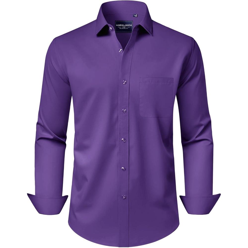 imageAlimens amp Gentle Mens Dress Shirts Long Sleeve WrinkleFree Stretch Shirts Solid Formal Button Down Shirt with PocketAg Purple
