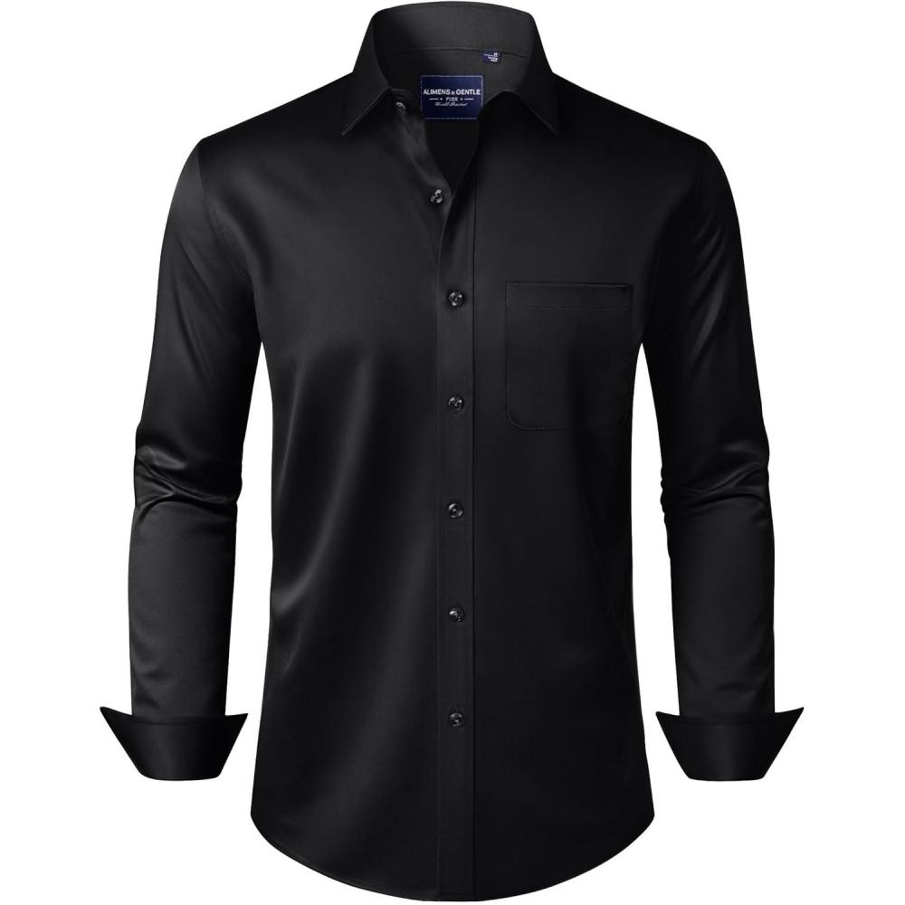 imageAlimens amp Gentle Mens Dress Shirts Long Sleeve WrinkleFree Stretch Shirts Solid Formal Button Down Shirt with PocketBlack