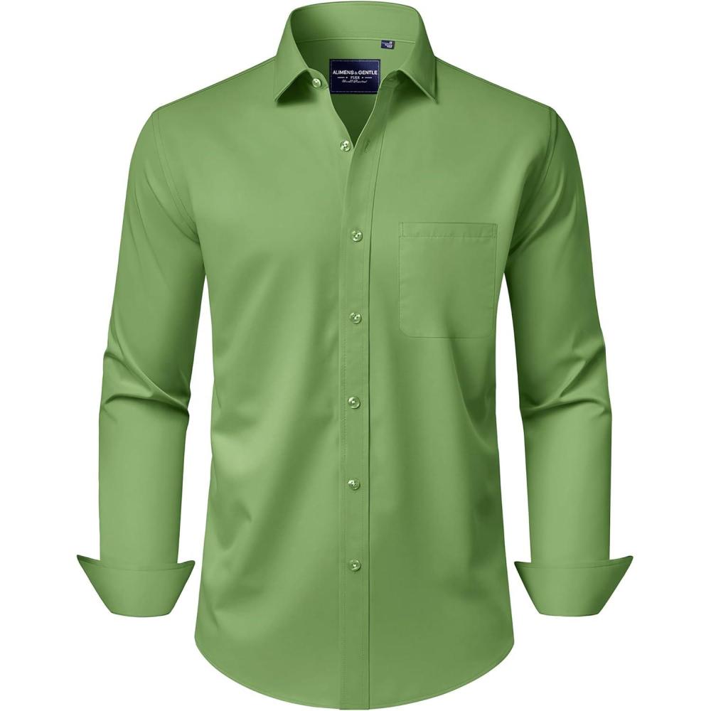 imageAlimens amp Gentle Mens Dress Shirts Long Sleeve WrinkleFree Stretch Shirts Solid Formal Button Down Shirt with PocketBright Green