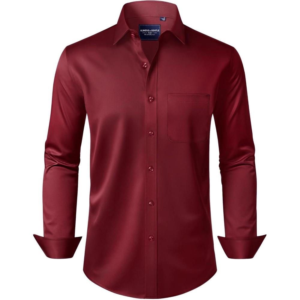 imageAlimens amp Gentle Mens Dress Shirts Long Sleeve WrinkleFree Stretch Shirts Solid Formal Button Down Shirt with PocketBurgundy
