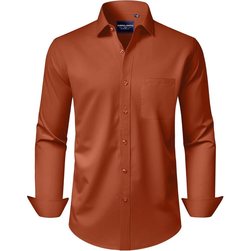 imageAlimens amp Gentle Mens Dress Shirts Long Sleeve WrinkleFree Stretch Shirts Solid Formal Button Down Shirt with PocketBurnt Orange