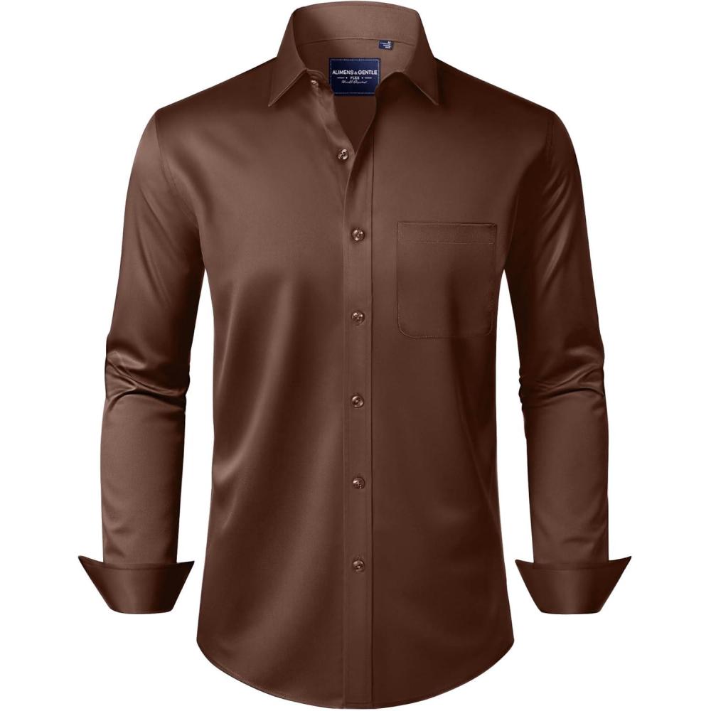 imageAlimens amp Gentle Mens Dress Shirts Long Sleeve WrinkleFree Stretch Shirts Solid Formal Button Down Shirt with PocketCoffee