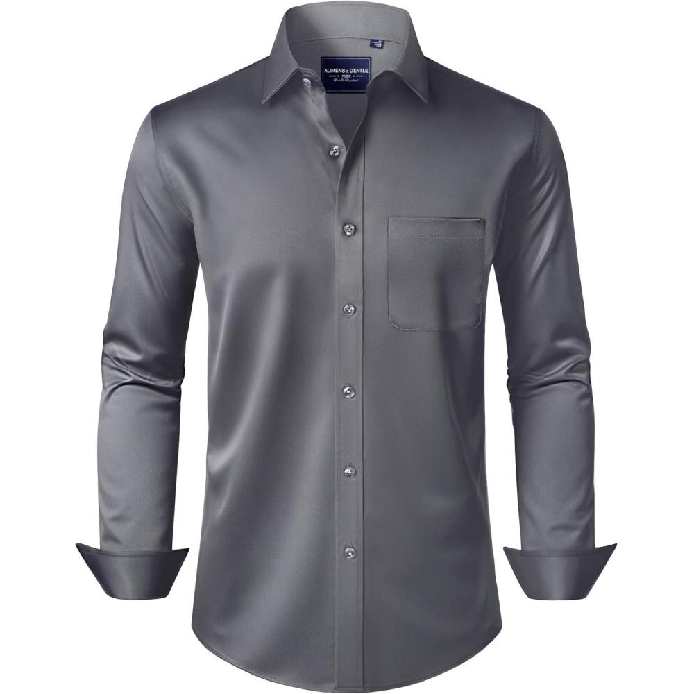 imageAlimens amp Gentle Mens Dress Shirts Long Sleeve WrinkleFree Stretch Shirts Solid Formal Button Down Shirt with PocketDark Grey