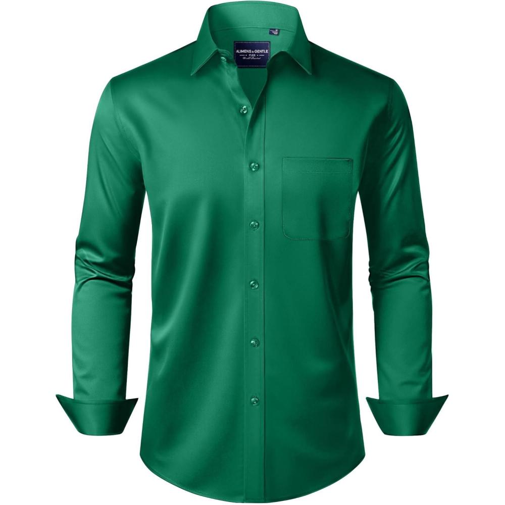 imageAlimens amp Gentle Mens Dress Shirts Long Sleeve WrinkleFree Stretch Shirts Solid Formal Button Down Shirt with PocketGreen