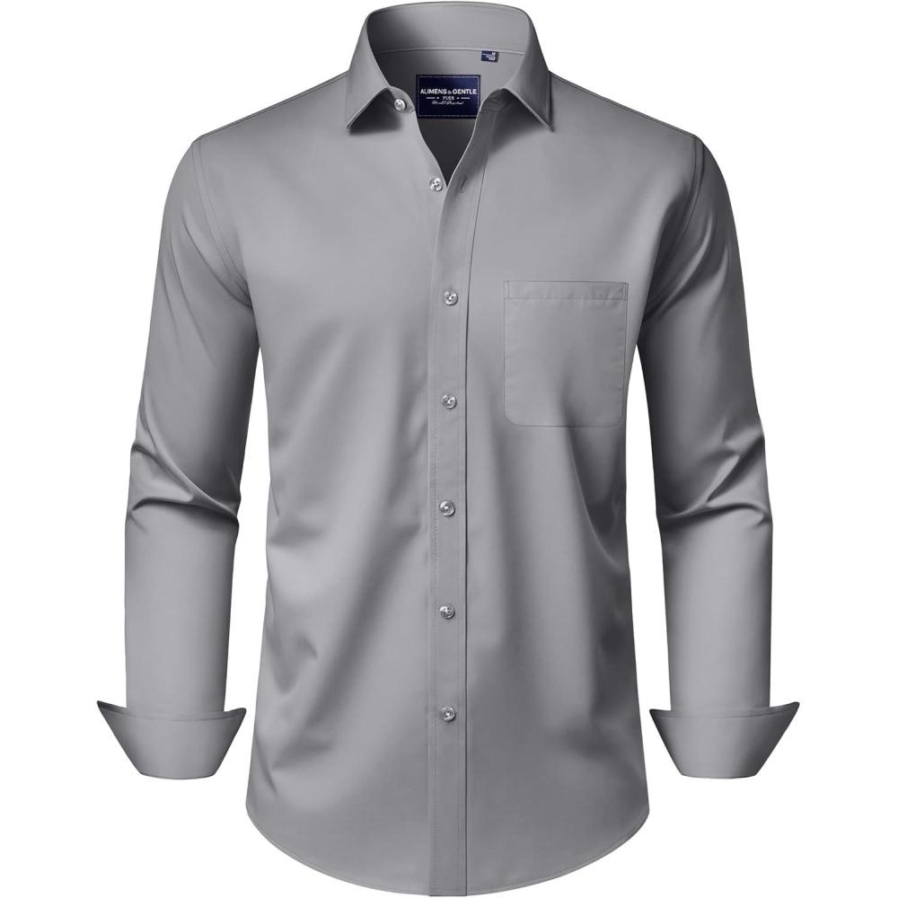 imageAlimens amp Gentle Mens Dress Shirts Long Sleeve WrinkleFree Stretch Shirts Solid Formal Button Down Shirt with PocketGrey