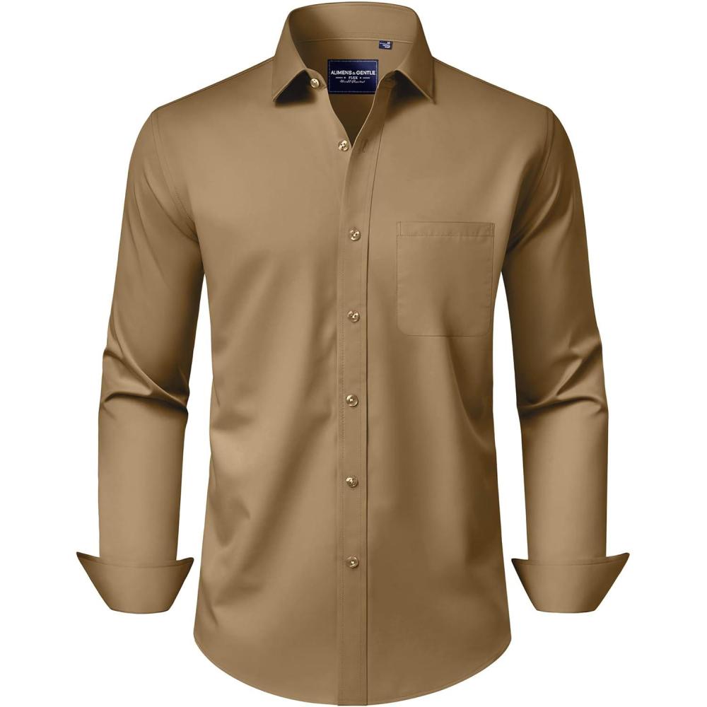 imageAlimens amp Gentle Mens Dress Shirts Long Sleeve WrinkleFree Stretch Shirts Solid Formal Button Down Shirt with PocketKhaki