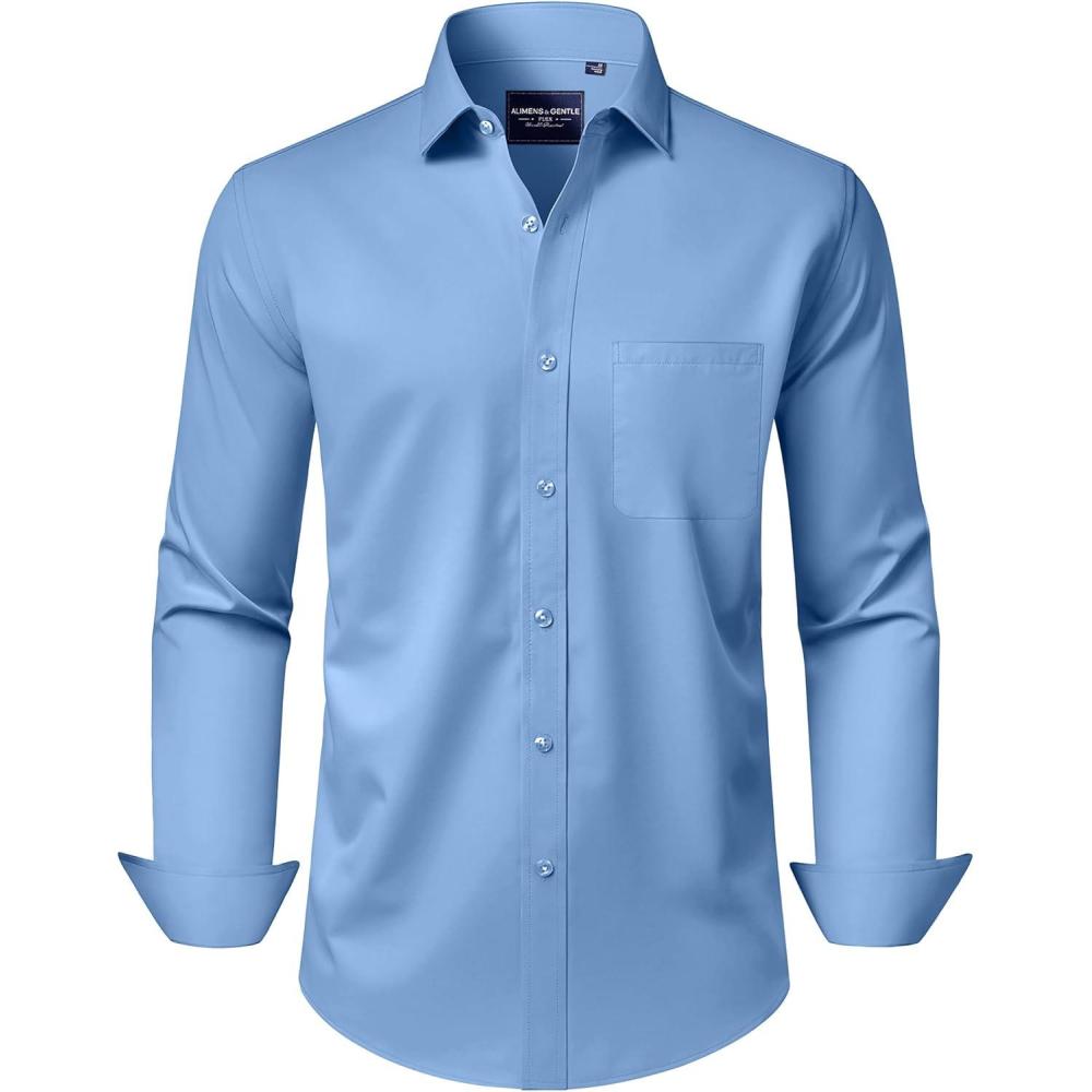 imageAlimens amp Gentle Mens Dress Shirts Long Sleeve WrinkleFree Stretch Shirts Solid Formal Button Down Shirt with PocketMisty Blue