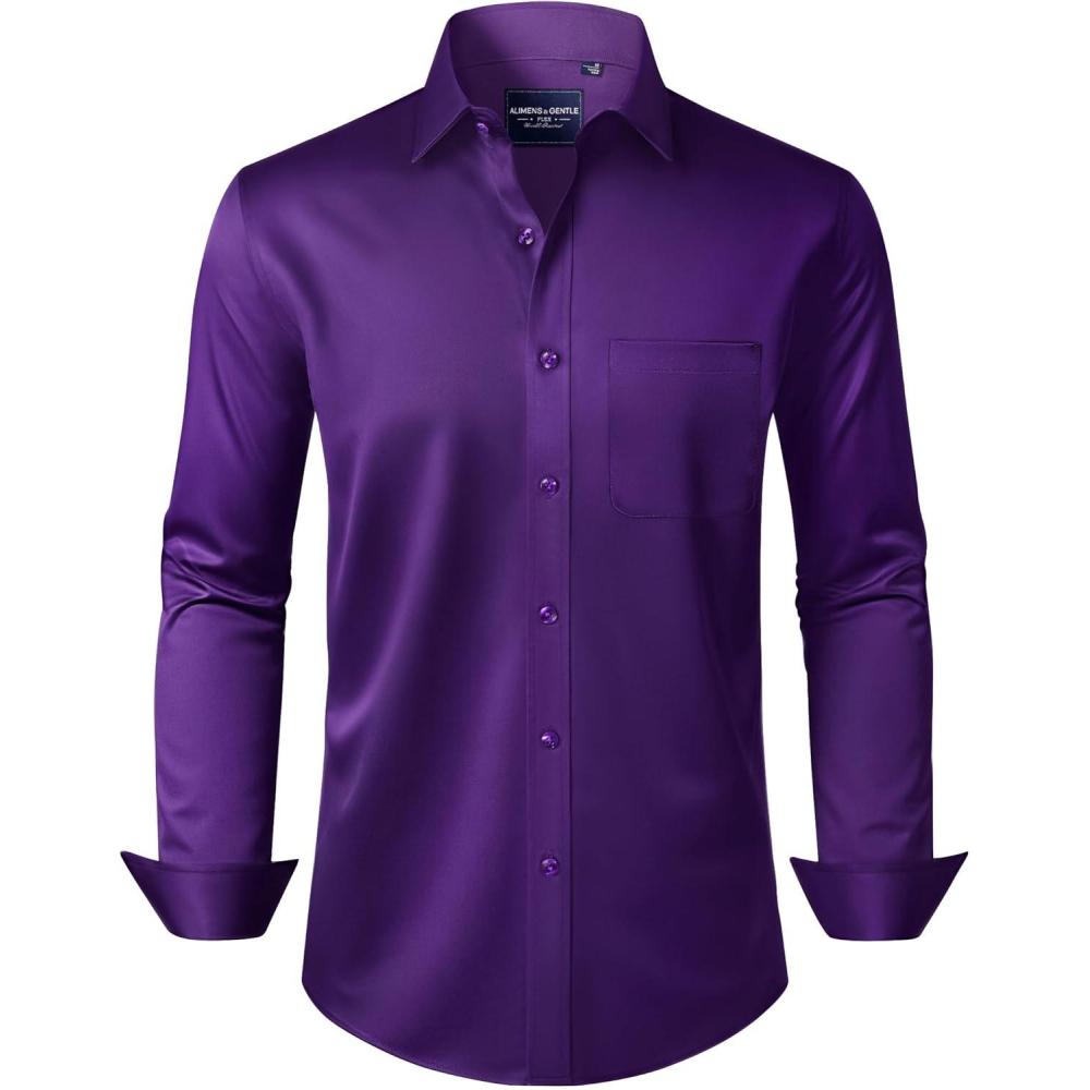 imageAlimens amp Gentle Mens Dress Shirts Long Sleeve WrinkleFree Stretch Shirts Solid Formal Button Down Shirt with PocketPurple