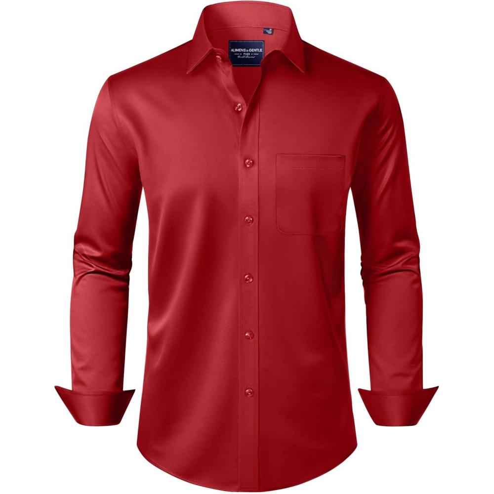 imageAlimens amp Gentle Mens Dress Shirts Long Sleeve WrinkleFree Stretch Shirts Solid Formal Button Down Shirt with PocketRed