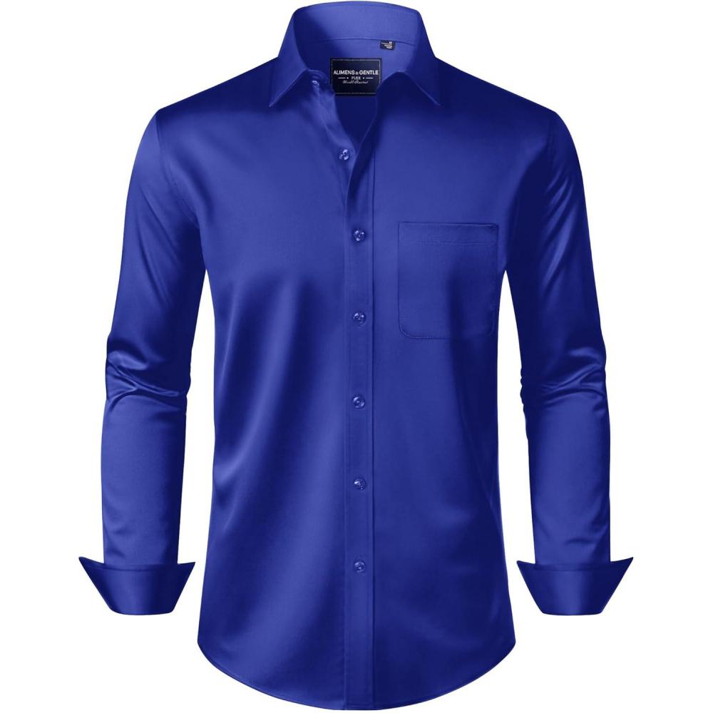 imageAlimens amp Gentle Mens Dress Shirts Long Sleeve WrinkleFree Stretch Shirts Solid Formal Button Down Shirt with PocketRoyal Blue
