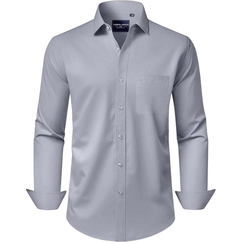 imageAlimens amp Gentle Mens Dress Shirts Long Sleeve WrinkleFree Stretch Shirts Solid Formal Button Down Shirt with PocketSilver