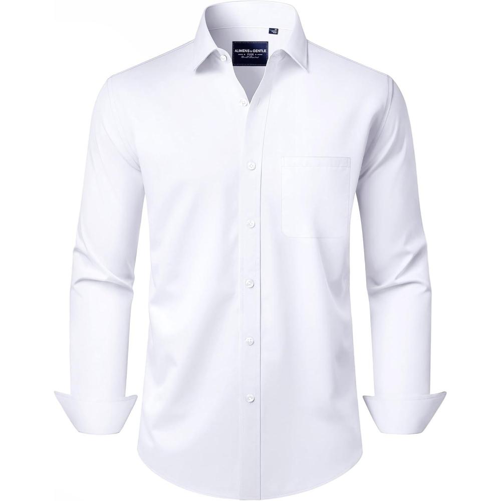 imageAlimens amp Gentle Mens Dress Shirts Long Sleeve WrinkleFree Stretch Shirts Solid Formal Button Down Shirt with PocketWhite