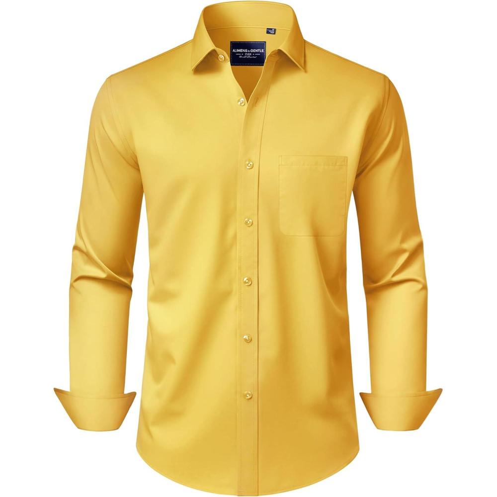 imageAlimens amp Gentle Mens Dress Shirts Long Sleeve WrinkleFree Stretch Shirts Solid Formal Button Down Shirt with PocketYellow