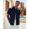 Alimens & Gentle Mens Cuban Guayabera Shirt Short Sleeve Untucked Soild Button Down Shirts Beach Wedding Causal Vacation Tops(Navy Blue)