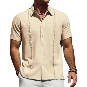 Alimens & Gentle Mens Cuban Guayabera Shirt Short Sleeve Untucked Soild Button Down Shirts Beach Wedding Causal Vacation Tops(Beige)