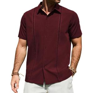 Alimens & Gentle Mens Cuban Guayabera Shirt Short Sleeve Untucked Soild Button Down Shirts Beach Wedding Causal Vacation Tops(Burgundy)