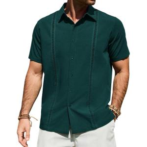 Alimens & Gentle Mens Cuban Guayabera Shirt Short Sleeve Untucked Soild Button Down Shirts Beach Wedding Causal Vacation Tops(Dark Green)
