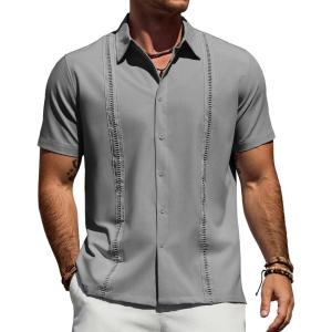 Alimens & Gentle Mens Cuban Guayabera Shirt Short Sleeve Untucked Soild Button Down Shirts Beach Wedding Causal Vacation Tops(Grey)