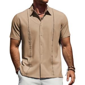 Alimens & Gentle Mens Cuban Guayabera Shirt Short Sleeve Untucked Soild Button Down Shirts Beach Wedding Causal Vacation Tops(Kahki)