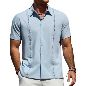 Alimens & Gentle Mens Cuban Guayabera Shirt Short Sleeve Untucked Soild Button Down Shirts Beach Wedding Causal Vacation Tops(Light Blue)