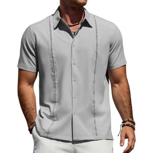 Alimens & Gentle Mens Cuban Guayabera Shirt Short Sleeve Untucked Soild Button Down Shirts Beach Wedding Causal Vacation Tops(Light Grey)