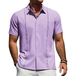 Alimens & Gentle Mens Cuban Guayabera Shirt Short Sleeve Untucked Soild Button Down Shirts Beach Wedding Causal Vacation Tops(Light Purple)