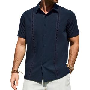 Alimens & Gentle Mens Cuban Guayabera Shirt Short Sleeve Untucked Soild Button Down Shirts Beach Wedding Causal Vacation Tops(Navy Blue)