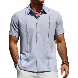 Alimens & Gentle Mens Cuban Guayabera Shirt Short Sleeve Untucked Soild Button Down Shirts Beach Wedding Causal Vacation Tops(Sky Blue)
