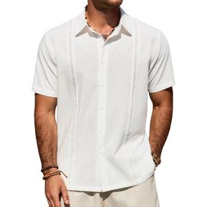 Alimens & Gentle Mens Cuban Guayabera Shirt Short Sleeve Untucked Soild Button Down Shirts Beach Wedding Causal Vacation Tops(White)