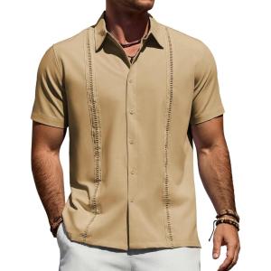 Alimens & Gentle Mens Cuban Guayabera Shirt Short Sleeve Untucked Soild Button Down Shirts Beach Wedding Causal Vacation Tops(Yellow)