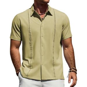 Alimens & Gentle Mens Cuban Guayabera Shirt Short Sleeve Untucked Soild Button Down Shirts Beach Wedding Causal Vacation Tops(Yellow Green)