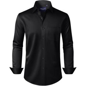 Alimens & Gentle Men’s Dress Shirts Long Sleeve Wrinkle-Free Stretch Shirts Solid Formal Button Down Shirt with Pocket(Black)