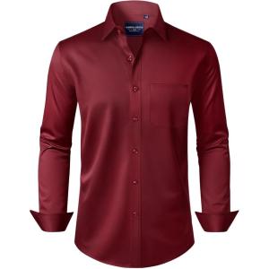 Alimens & Gentle Men’s Dress Shirts Long Sleeve Wrinkle-Free Stretch Shirts Solid Formal Button Down Shirt with Pocket(Burgundy)