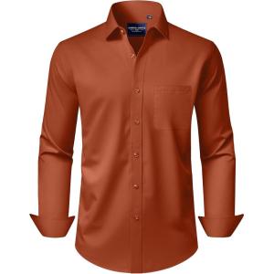Alimens & Gentle Men’s Dress Shirts Long Sleeve Wrinkle-Free Stretch Shirts Solid Formal Button Down Shirt with Pocket(Burnt /Orange)