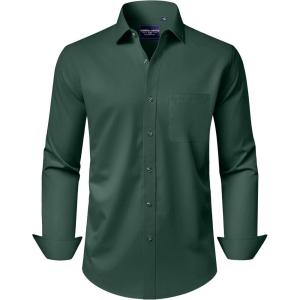 Alimens & Gentle Men’s Dress Shirts Long Sleeve Wrinkle-Free Stretch Shirts Solid Formal Button Down Shirt with Pocket(Dark Green)